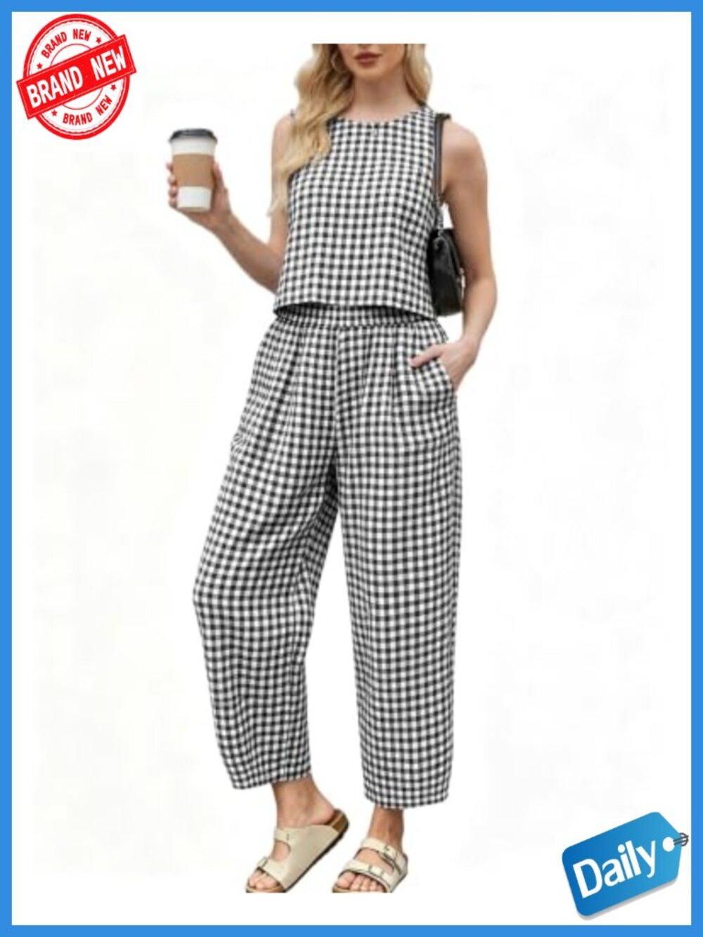 Women's Cotton Gingham 2-Piece Set Sleeveless Tank Wide-Leg Pants Summer